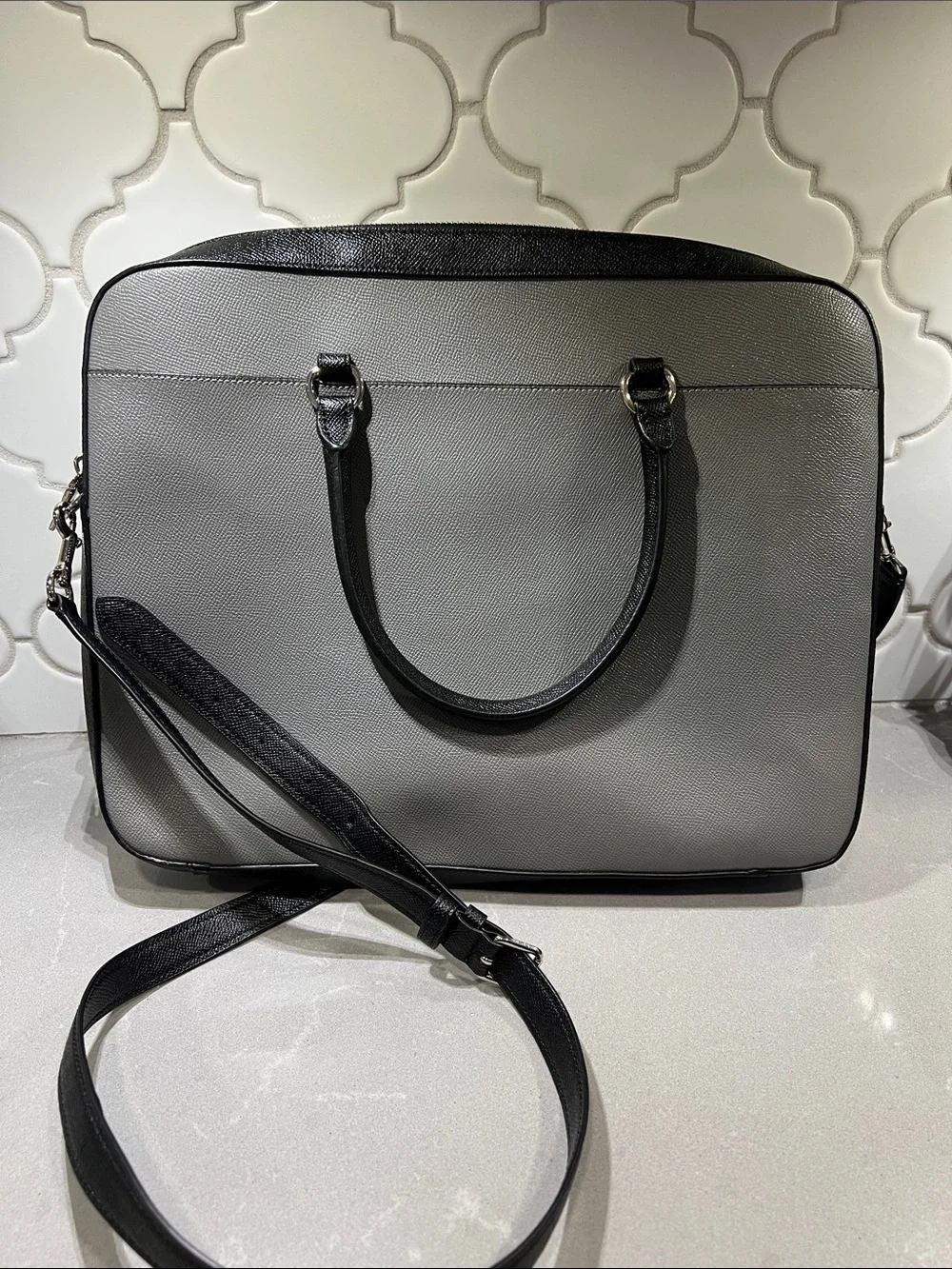 Coach Men’s Gray Leather Laptop Brief with Black Trim